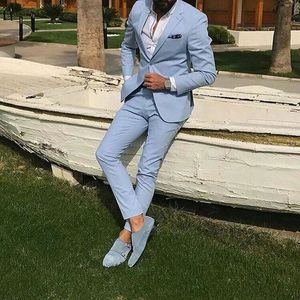 Newlight Sky Blue Slim Fit Mens Menos de baile de lapela de lapela de praia Tuxedos de casamento para homens Blazers 2 peças calça de jaqueta