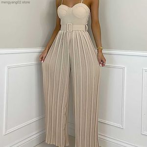 Women's Jumpsuits Rompers 2023 Summer Casual Suspenders Long Jumpsuit Women Sexy Fashion Solid Sleeveless Sashes Pleated Wide Leg Jumpsuit Orange Female T230504