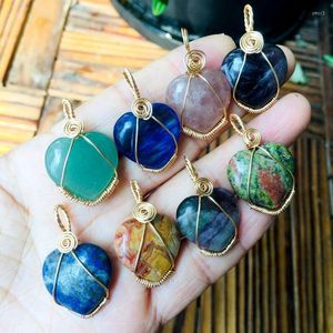 Pendant Necklaces 10pcs Wire Wrap Handmade Love Heart Healing Crystal Stone Pendants Rose Purple Tiger Eye Agates Charms Jewelry Making