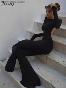 Damen Jumpsuits Strampler JuSaHy Sommer Y2K Solid Black Basic Bodysuit für Damen Fashion Long Sleeves Halfter Backless Flare Pants Einfache Casual Streetwear T230504