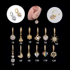 Populär punktering Huggie Hoop örhängen Asymmetrisk singel Wear Farterfly Flower Love Charm Pendant Cubic Zircon Ear Bone Rings 14k Gold Stone For Women Partihandel