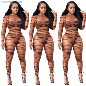 Tute da donna Pagliaccetti Tuta da donna a maniche lunghe in rete Tiger Stripes stampata O Neck See Through Body S-XL L8094 T230504