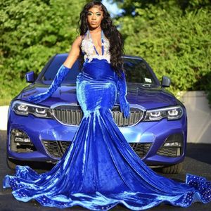 Royal Blue Veet Prom Dresses For Black Girls Sexig Halter Neck Applique Beading African Mermaid Party Gowns Vestido de Graduacion