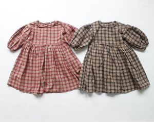 Girl Dresses Fall Winter Korean Style Baby Girls Cotton Linen Lantern Sleeve Children Clothes Kids Plaid