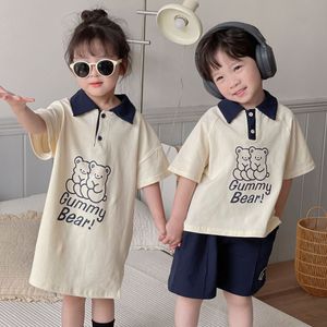 Clothing Sets 2023 Brother Sister Costumes Boys Fashion Pullover Turn down Collar Tops Solid Shorts Girls Cartoon Cute Dress Bear Dresses 230504