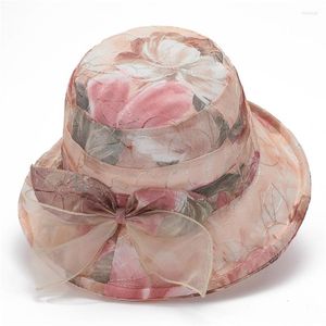 Berets Women's Panama Sunscreen Sun Fisherman Bowl Top Hat With Printed Big Brim Fashion Flower Banquet Cap