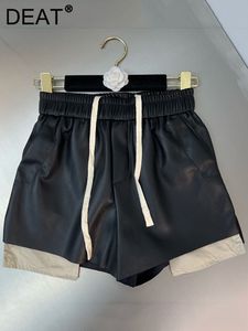 Women's Shorts DEAT Spring Fashion Contrast Color Pleated Patchwork Short Pants Women Elastic Waist Hip Wrap Leather Shorts Lady 11P01104 230504