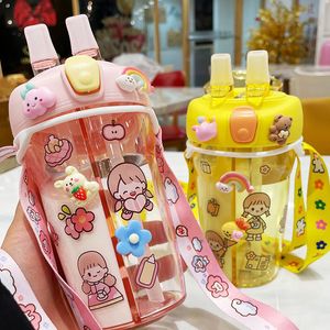 Tumblers 430ml Cute Children Double Drinking Water Bottle Straw Portable Bottle Student Couple Plastic Cup Gift School Kids 230503