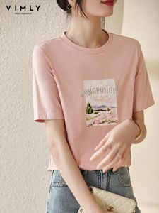 T-Shirt VIMLY Summer Tshirt for Women 2022 Straight Casual Oneck Cotton Short Sleeve Scenery Pattern Tops Korean Female Clothing V2900