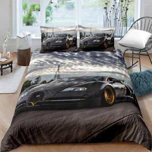 Sängkläder sätter lyxig sportbilset Black White Racing Bike Bed Linen Polyester Däck med kudde för tonåringar Vuxna dekor