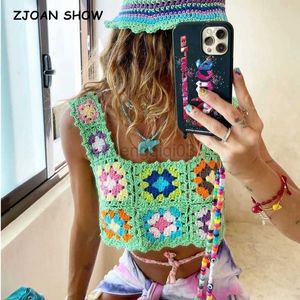 Damen T-Shirt 2021 Harajuku Handmade Hollow Out Crochet Plaid Flower Tanks Frauen Sommer Cropped Tops Retro Cool Girl Short Tee Urlaub Y23