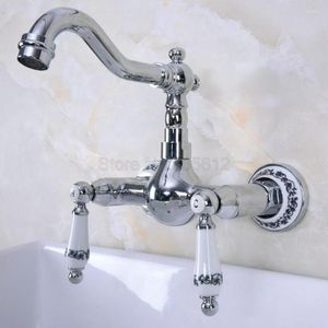Kitchen Faucets Polished Chrome Swivel Spout Bathroom Basin Faucet / Wall Mounted Dual Handles Vessel Sink Mixer Taps Tnf962