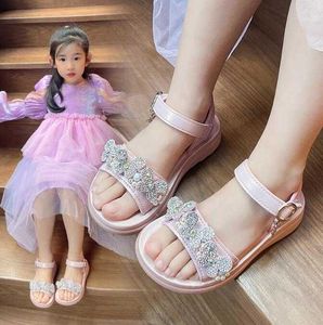 Sandali da principessa per ragazze Estate New Baby Perla Strass Scarpe singole per bambini piatte antiscivolo in pelle moda
