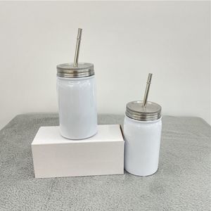 Sublimationsbecher 17 Unzen weißer Kaffeebecher Mason Jar Edelstahl doppelwandige Wasserbecher 500 ml isolierte Vakuum-Milchflasche mit Strohhalmen B0038
