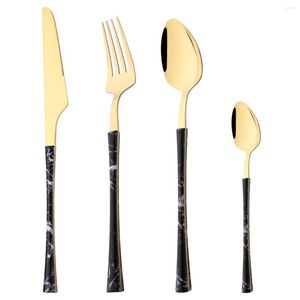 Flatware Sets 4Pcs/Set Black Gold Dinnerware Stainless Steel Knife Fork Spoons Tableware Imitation Wood Handle Cutlery Set Kitchen