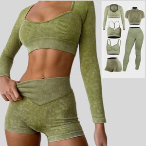 Completo da yoga 1/2 pezzi Set da yoga a costine lavato senza cuciture Crop Top Camicia Pantaloncini Set da palestra Leggings da donna Completi Tute da palestra Tuta Abbigliamento donna P230504