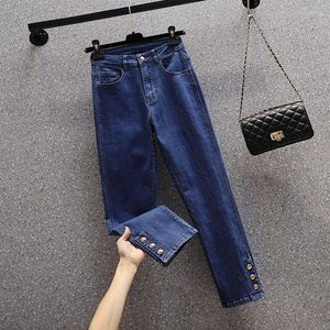 Women's Jeans Straight Stretch Woman High Waist Buttons Ankle Lenghth Pants Female Autumn Casual Cotton Elastic Denim Mujer Dark Blue