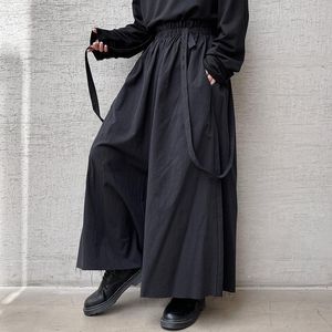 Pants Straps Elasticity Waist Pants Men Loose Casual Japan Style Harajuku Streetwear Kimono Wide Leg Pants Male Dark Black Trousers