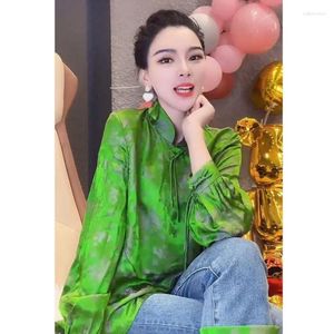 Blusa feminina feminina feminina 2023 Moda de primavera versátil chinês borla botão botão de pesos pesados ​​de colarinho imprimido
