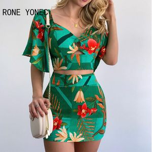Two Piece Dress Women Casual Chic Crop Floral Pattern Top Hollow Out Summer Bodycon Skirt Sets 230504