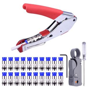 Tang Compression Tool Kit Rg59 Rg6 Coax Crimping Tool Double Blades Coaxial Cable Stripper with 20Pcs Blue F Connectors