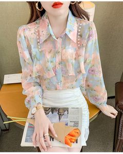 Women's turn down collar blouses puff long sleeve chains ruffles patched chiffon print flowers shirts SMLXLXXL3XL