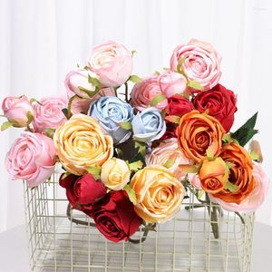 Decorative Flowers 3 Heads Artificial Rose Plants Leaves Pink Silk Fake Home Decor White Autumn Bouquet Roses Flower Office