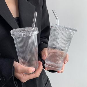 Water Bottles VIP 375Ml Simple Stripe Glass Cup With Lid and Straw Transparent Bubble Tea Cup Chic Juice Glass Milk Coffee Breakfast Cups 230503