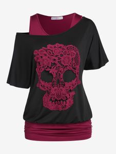 Camisetas Mulheres Skew Neck Skull Lace Gothic Tee e Ruched Bluson Tank Top Set ou Light Blue Contraste Lace Painel Recorte Camisetas 4XL