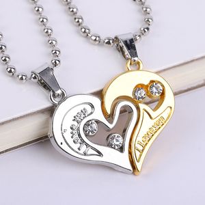 Wholesale 12pcs/dozen loving couple A pair of heart-shaped diamonds necklace Couple Friendship Puzzle CZ Love Matching I love you Heart Pendants Set