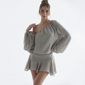 Casual Dresses Women Summer Sexy Diagonal Collar Off Shoulder Long Sleeve Street Beach Evening Party Nightclub Fashion Mini Dress Grey