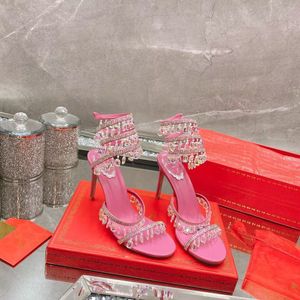 豪華なデザインゴージャスなサンダルRene Caovilla Luxury Designer Crystal Light Rapped Foot Stileetto Wedding Shoes Rhinestone Summer High Heeled Gladiator Sandal