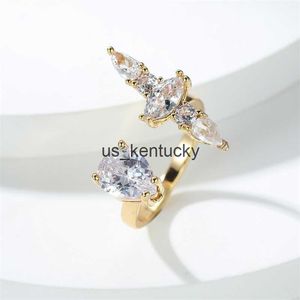 Band Rings Unique Water Drop Zircon Open Adjustable Ring Gold Color Cut White Crystal Wedding Rings For Women Daily Party Jewelry