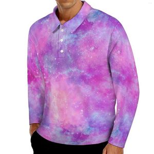 Polo da uomo Galaxy Design Polo Uomo Camicia casual rosa e blu Streetwear quotidiano Colletto rovesciato Modello a maniche lunghe T-shirt oversize