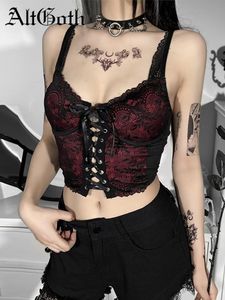 Camis AltGoth Aesthetic Vintage Lace Camis Women Mall Gothic Y2k Egirl Backless Crop Tank Tops Streetwear Fairycore Grunge Vest Femme