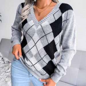 Kvinnors tröjor Casual Korean Version Loose Pullover Tops Women V-ringen Slim Autumn Winter 2023 College Style Diamond Print Sweaterwomen's