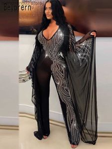 Women's Jumpsuits Rompers Beautiful Batwing Sleeve Mesh Crystal Jumpsuits Rompers Sparkle Deep V Neck Sequins Night Jumpsuits Christmas Outfits T230504