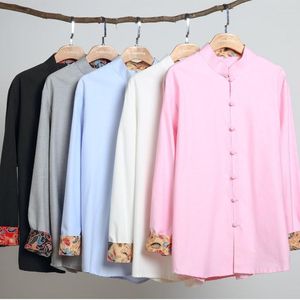 Camisetas masculinas camisa de manga longa de outono tradicional chinês melhorado blusa solta camisetas de algodão para masculino