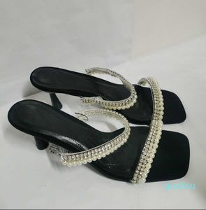 Sandali Autunno Nero Perla Cinturini Donna Strass Tacco Slingback da donna Scarpe con tacco da festa sexy