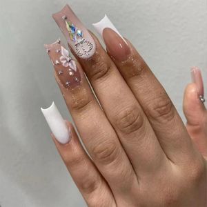 False Nails 24pcs Press On Long Coffin Ballerina White French Fake With Designs Full Cover Rhinestones Gradient Nail Tips