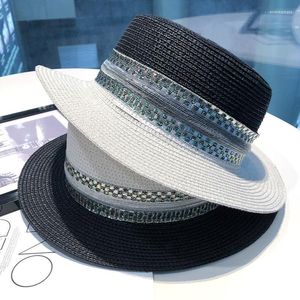 Wide Brim Hats European And American Style Splicing Ribbon Small Eaves Spring Summer Fashion All-match Outing Sunshade Ladies Straw Hat Elob