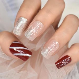 Falska naglar Ganska naken Snöflinga Glitter Red Press On Medium Length Squoval Manicure återanvändbar falsk akrylfest nagelkonsttips