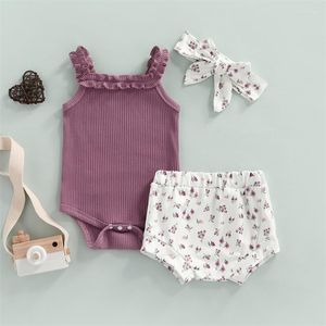 Clothing Sets Infants Girl 3Pcs Outfit Ruffle Sling Solid Color Ribbed Knit Romper Floral Printed Shorts Headband Summer Clothes Set