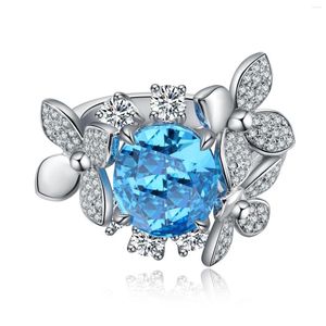 クラスターリングPirmiana 92​​5 Sterling Silver Lab Grown Aquamarine Gemstones Jewelry for Women Christma