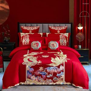 Conjuntos de cama 4/6/9pcs luxuoso Loong Phoenix Bordado Red Duvet Capa Lençol egípcio Conjunto de casamento em estilo chinês egípcio