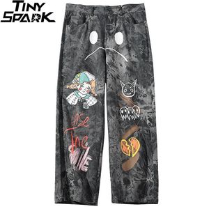 Pants 2022 Hip Pants Streetwear Men Loose Denim Pants Graffiti Print Black Vintage Denim Pants Harajuku Joggers Trousers Cotton