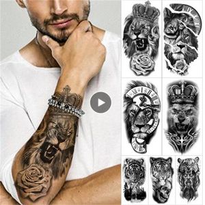 Lion Men Waterproof Temporary Tattoos Fake Stickers Arm Hand Cool Art Black Transfer Clock GC2089