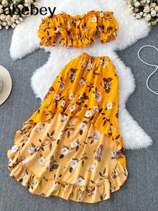 Two Piece Dress Women Elegant Floral Skirt Set Female Slash Neck Crop Top ALine Midi Casual Suits 230504