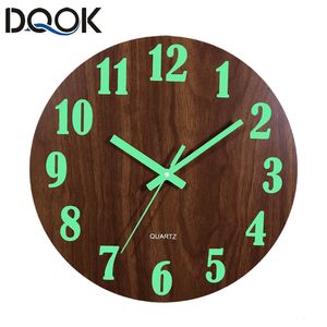 Wall Clocks 12 Inch Luminous Wood Silent light in dark night Nordic Fashion Non Ticking With Night Light 230504