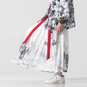 Spodnie japońska moda uliczna plisowana culottes męski krajobraz druk szerokie nogi spodnie męski pasek luźne spodnie hakama hanfu spodnie do joggingu spodnie